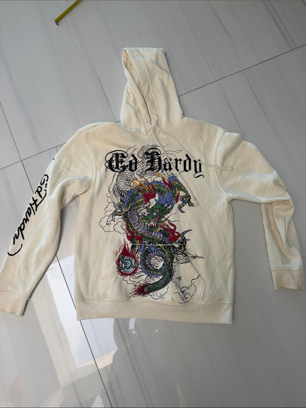 Ed Hardy Cream Hoodie with Multicolor Dragon Graphic